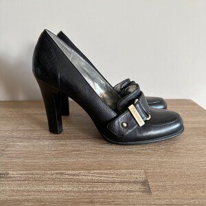 Calvin Klein High Heel Loafers Pumps Womens Size 9 Black Leather Gold Buckle